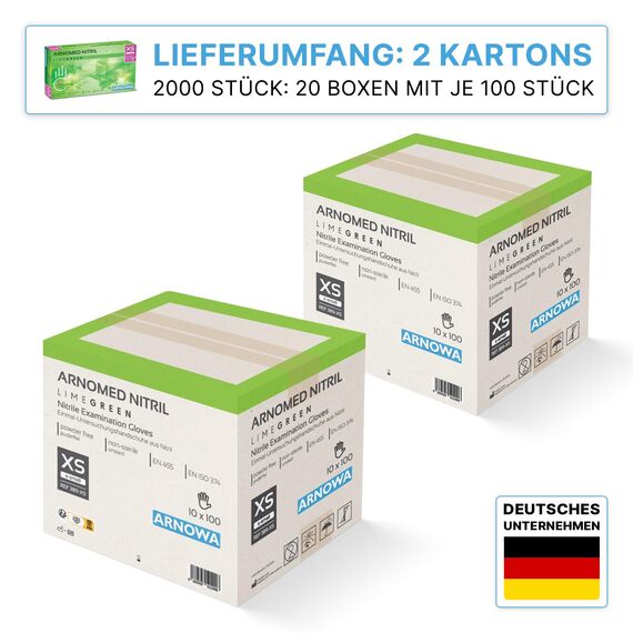 2000 Stück ARNOMED Einweghandschuhe Grün, Einmalhandschuhe XS, Nitril Handschuhe Einweg, Nitrilhandschuhe puderfrei, Gummihandschuhe Einweg, Schutzhandschuhe, Handschuhe Nitril in XS, S, M, L, XL