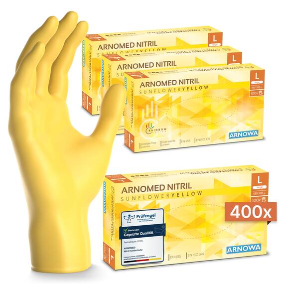 400x ARNOMED Einweghandschuhe Gelb (4x100 Stück), Einmalhandschuhe L, Nitril Handschuhe Einweg, Nitrilhandschuhe puderfrei, Gummihandschuhe Einweg, Schutzhandschuhe, Handschuhe Nitril in XS, S, M, L