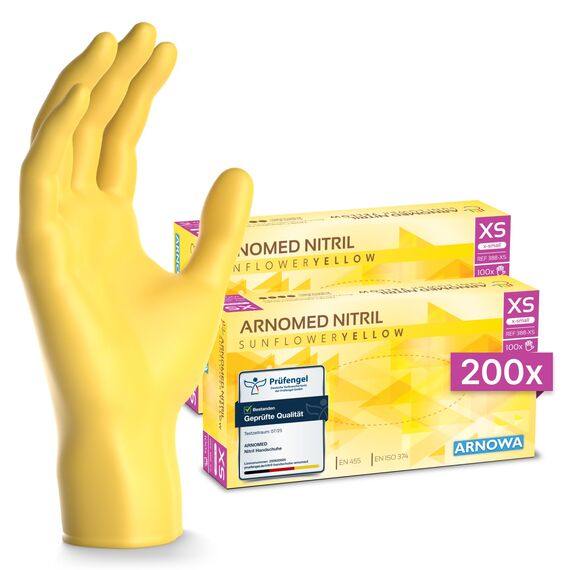 200x ARNOMED Einweghandschuhe Gelb (2x100 Stück), Einmalhandschuhe XS, Nitril Handschuhe Einweg, Nitrilhandschuhe puderfrei, Gummihandschuhe Einweg, Schutzhandschuhe, Handschuhe Nitril in XS, S, M, L