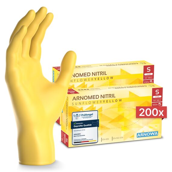 200x ARNOMED Einweghandschuhe Gelb (2x100 Stück), Einmalhandschuhe S, Nitril Handschuhe Einweg, Nitrilhandschuhe puderfrei, Gummihandschuhe Einweg, Schutzhandschuhe, Handschuhe Nitril in XS, S, M, L