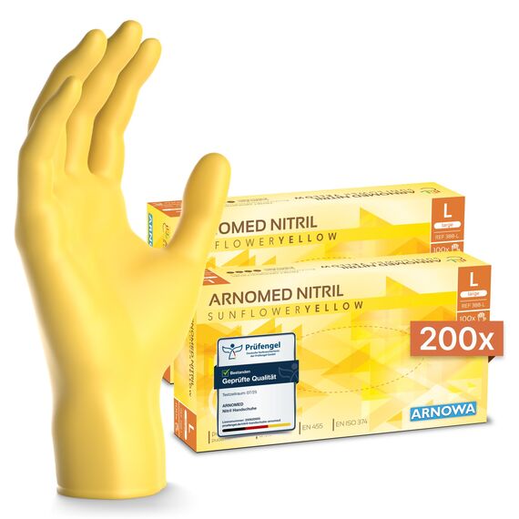 200x ARNOMED Einweghandschuhe Gelb (2x100 Stück), Einmalhandschuhe L, Nitril Handschuhe Einweg, Nitrilhandschuhe puderfrei, Gummihandschuhe Einweg, Schutzhandschuhe, Handschuhe Nitril in XS, S, M, L
