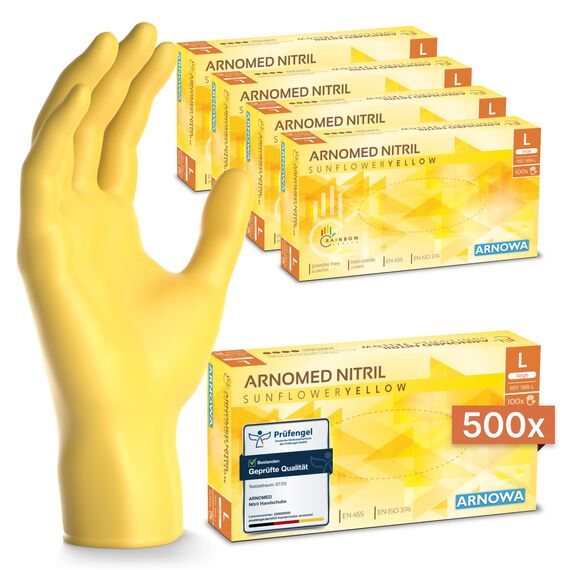 500 Stk (5x100) ARNOMED Einweghandschuhe Gelb, Einmalhandschuhe L, Nitril Handschuhe Einweg, Nitrilhandschuhe puderfrei, Gummihandschuhe Einweg, Schutzhandschuhe, Handschuhe Nitril in S, M, L, XL