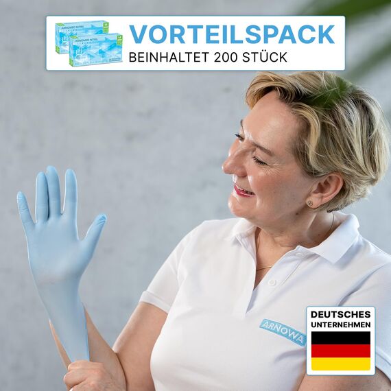 200x ARNOMED Einweghandschuhe Hellblau (2x100 Stück), Einmalhandschuhe S, Nitril Handschuhe Einweg, Nitrilhandschuhe puderfrei, Gummihandschuhe Einweg, Schutz-Handschuhe Nitril in XS, S, M, L, XL