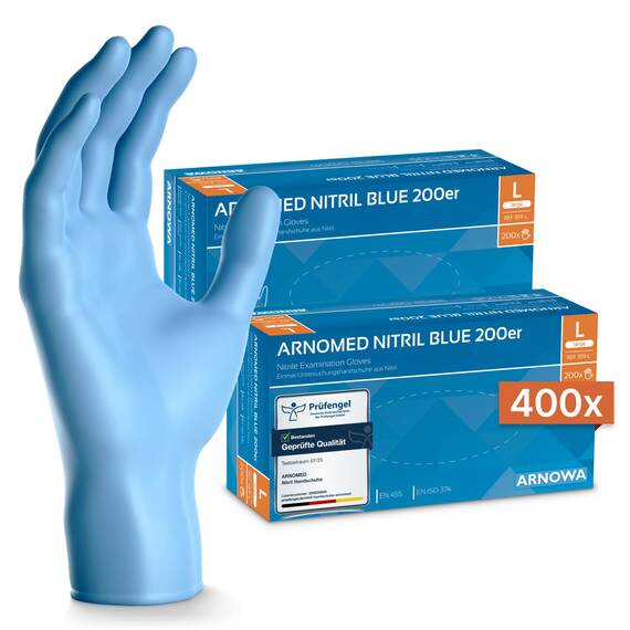 400x ARNOMED Einweghandschuhe Blau, Einmalhandschuhe L, Nitrilhandschuhe (2x200 Stk), Handschuhe Einweg puderfrei, Gummihandschuhe Einweg, Handschuhe Nitril, Einmalhandschuhe in S, M, L & XL