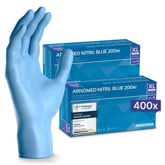 400x ARNOMED Einweghandschuhe Blau, Einmalhandschuhe XL, Nitrilhandschuhe (2x200 Stk), Handschuhe Einweg puderfrei, Gummihandschuhe Einweg, Handschuhe Nitril, Einmalhandschuhe in S, M, L & XL