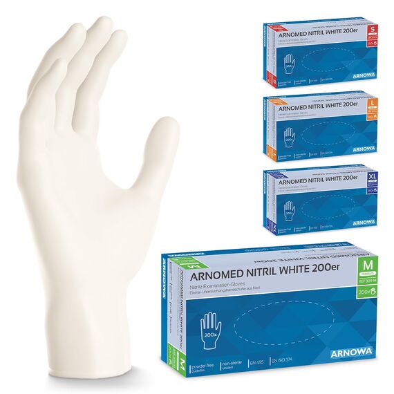 400x ARNOMED Einweghandschuhe Weiß, Einmalhandschuhe M, Handschuhe Einweg (2x200 Stk), Gummihandschuhe puderfrei, latexfreie Nitrilhandschuhe in S, M, L, XL, Putzhandschuhe, Koch-/Küchen-Handschuhe