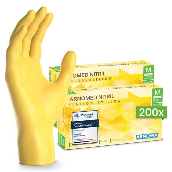 200x ARNOMED Einweghandschuhe Gelb (2x100 Stück), Einmalhandschuhe M, Nitril Handschuhe Einweg, Nitrilhandschuhe puderfrei, Gummihandschuhe Einweg, Schutzhandschuhe, Handschuhe Nitril in XS, S, M, L