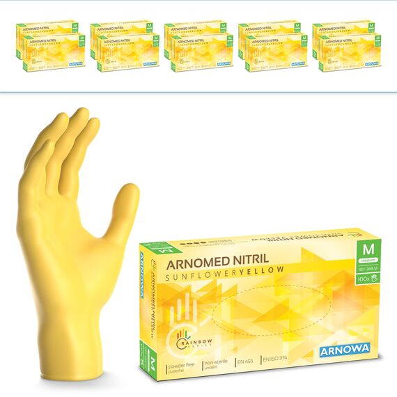 1000x ARNOMED Einweghandschuhe Gelb (10x100 Stück), Einmalhandschuhe M, Nitril Handschuhe Einweg, Nitrilhandschuhe puderfrei, Gummihandschuhe Einweg, Schutzhandschuhe, Handschuhe Nitril in XS, S, M, L