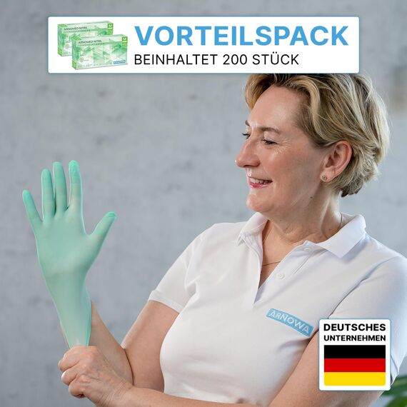 200x ARNOMED Einweghandschuhe Grün (2x100 Stk.), Einmalhandschuhe S, Nitril Handschuhe Einweg, Nitrilhandschuhe puderfrei, Gummihandschuhe Einweg, Schutzhandschuhe, Handschuhe Nitril XS, S, M, L, XL