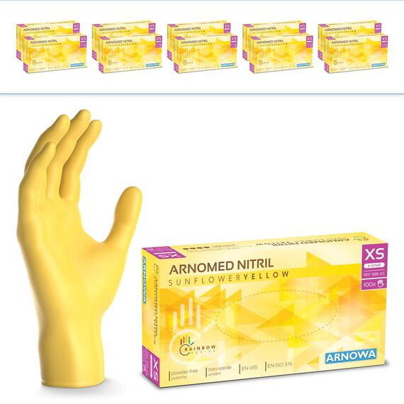 2000 Stk (20x100) ARNOMED Einweghandschuhe Gelb, Einmalhandschuhe XS, Nitril Handschuhe Einweg, Nitrilhandschuhe puderfrei, Gummihandschuhe Einweg, Schutzhandschuhe, Handschuhe Nitril in S, M, L, XL