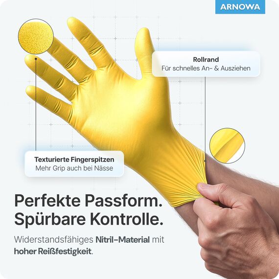 400x ARNOMED Einweghandschuhe Gelb (4x100 Stück), Einmalhandschuhe M, Nitril Handschuhe Einweg, Nitrilhandschuhe puderfrei, Gummihandschuhe Einweg, Schutzhandschuhe, Handschuhe Nitril in XS, S, M, L