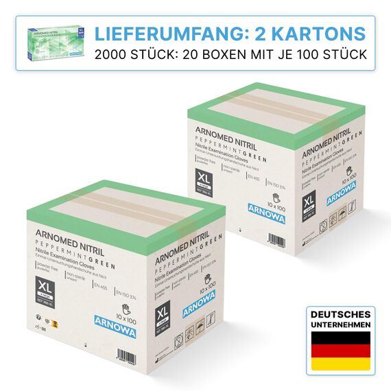 2000 Stk (20x100) ARNOMED Einweghandschuhe Grün, Einmalhandschuhe XL, Nitril Handschuhe Einweg, Nitrilhandschuhe puderfrei, Gummihandschuhe Einweg, Schutzhandschuhe, Handschuhe Nitril XS, S, M, L, XL