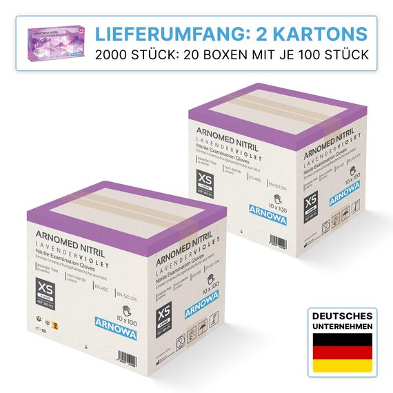 2000 Stück ARNOMED Einweghandschuhe Lila, Einmalhandschuhe XS, Nitril Handschuhe Einweg, Nitrilhandschuhe puderfrei, Gummihandschuhe Einweg, Schutzhandschuhe, Handschuhe Nitril in XS, S, M, L, XL