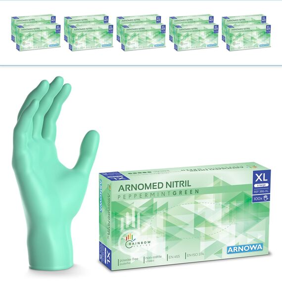 2000 Stk (20x100) ARNOMED Einweghandschuhe Grün, Einmalhandschuhe XL, Nitril Handschuhe Einweg, Nitrilhandschuhe puderfrei, Gummihandschuhe Einweg, Schutzhandschuhe, Handschuhe Nitril XS, S, M, L, XL