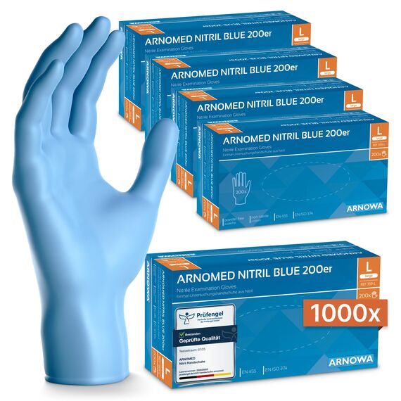 1000x ARNOMED Einweghandschuhe Blau, Einmalhandschuhe L, Nitrilhandschuhe (5x200 Stk), Handschuhe Einweg puderfrei, Gummihandschuhe Einweg, Handschuhe Nitril, Einmalhandschuhe in S, M, L & XL