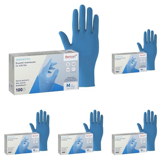 Bericah, Sensinitryl Handschuhe aus Nitril, puderfrei, Größe M, 100 Stück (Packung mit 5)