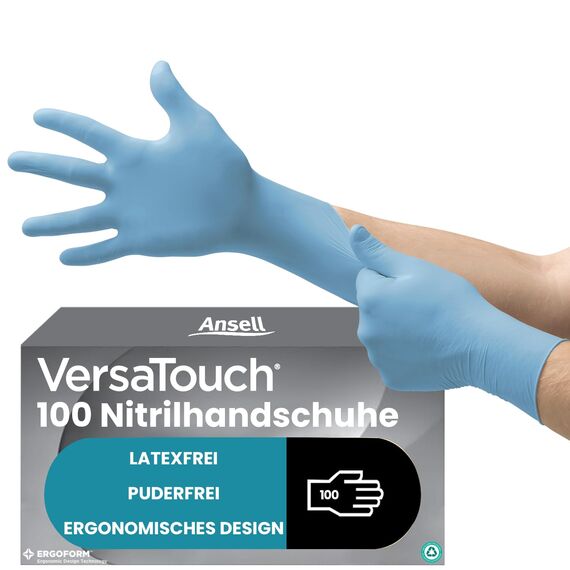 Ansell VersaTouch 92-471 Latexfreie Einweghandschuhe, Nitrilhandschuhe Puderfrei, Einmalhandschuhe Blau, Chemikalien-Schutzhandschuhe, Lebensmittel Handschuhe M (100 Stück)