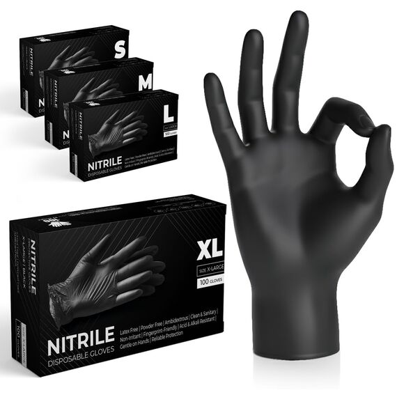 The Real Touch Einweghandschuhe, Schwarze Nitrilhandschuhe - 100 Stück Handschuhe, Puderfrei & Latexfrei Handschuhe Einweg, Einmalhandschuhe für Küche, Reinigung, und Medizin