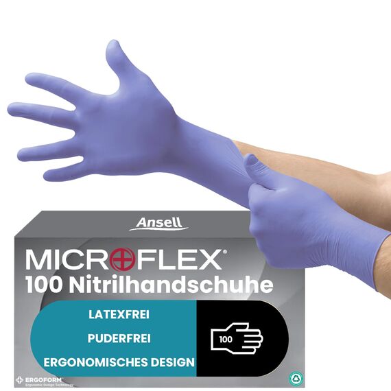 Ansell Microflex 93-843 Latexfreie Einweghandschuhe, Nitrilhandschuhe Puderfrei, Einmalhandschuhe Violett, Chemikalien-Schutzhandschuhe, Lebensmittel Handschuhe M (100 Stück)