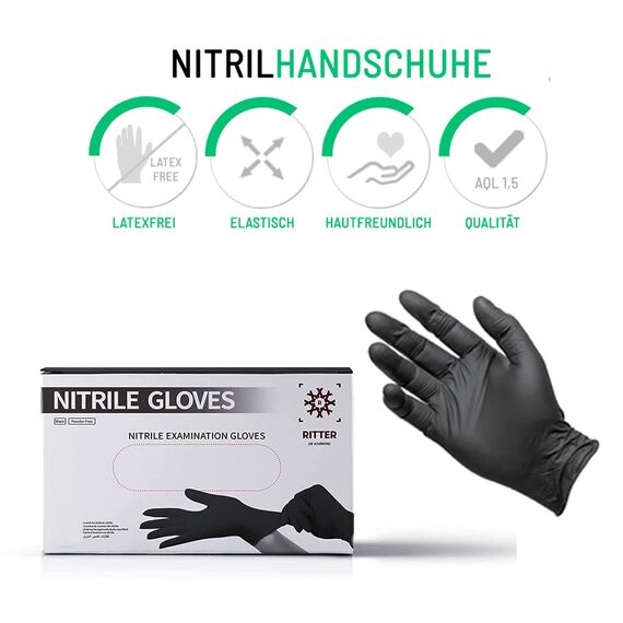 Ritter Premium Nitrilhandschuhe schwarz 100 Stück - Einweghandschuhe latexfrei - Einmalhandschuhe nitril puderfrei - Black Nitrile Gloves - Größe XL