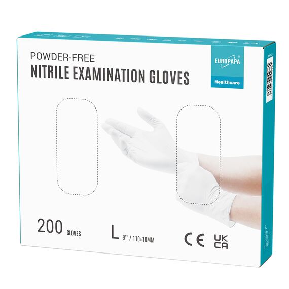 EUROPAPA® 200x Einweghandschuhe Nitrilhandschuhe puderfrei Untersuchungshandschuhe EN455 EN374 latexfrei Einmalhandschuhe Handschuhe in Gr. S, M, L & XL verfügbar (L, Weiß)