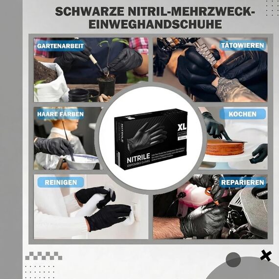 The Real Touch Einweghandschuhe, Schwarze Nitrilhandschuhe - 100 Stück Handschuhe, Puderfrei & Latexfrei Handschuhe Einweg, Einmalhandschuhe für Küche, Reinigung, und Medizin