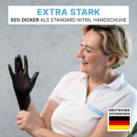 ARNOMED Einweghandschuhe Schwarz Extra Stark, Einmalhandschuhe XL, 50% dickere Nitrilhandschuhe, 100 Stk./Box, Handschuhe Einweg puderfrei, latexfreie Gummihandschuhe, Einweghandschuhe in S, M, L & XL