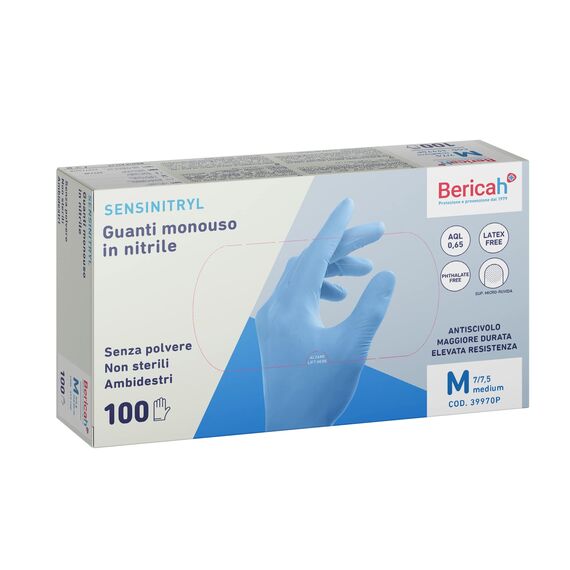 Bericah, Sensinitryl Handschuhe aus Nitril, puderfrei, Größe M, 100 Stück