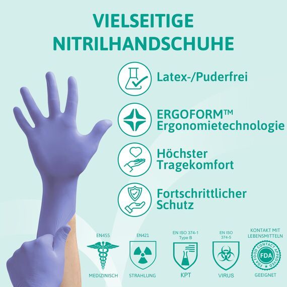 Ansell Microflex 93-843 Latexfreie Einweghandschuhe, Nitrilhandschuhe Puderfrei, Einmalhandschuhe Violett, Chemikalien-Schutzhandschuhe, Lebensmittel Handschuhe S (100 Stück)