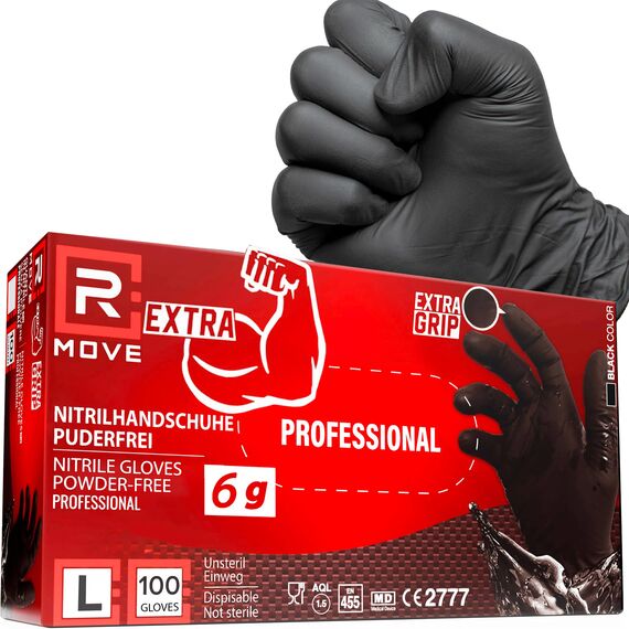 R MOVE 100 Einweghandschuhe Schwarz L, Nitrilhandschuhe EXTRA BESTÄNDIG Einmalhandschuhe +60% Dicke 6gr puderfrei und latexfrei gummihandschuhe für Mechaniker Tätowierer Kosmetiker handschuhe einweg