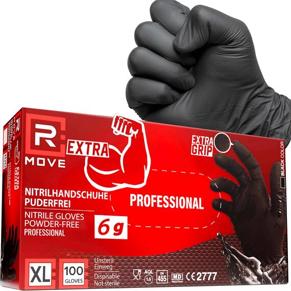 R MOVE 100 Einweghandschuhe Schwarz XL, Nitrilhandschuhe EXTRA BESTÄNDIG, einmalhandschuhe +60% Dicke, 6 gr, puderfrei & latexfrei, handschuhe einweg für Mechaniker, Tätowierer, Kosmetikerinnen (XL)
