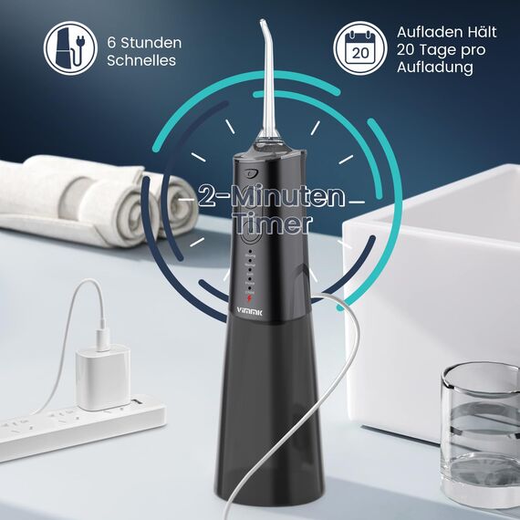 Munddusche Kabellos Elektrischer Zahnreiniger, Vimmk Zahndusche Water Flosser 5 Modi & 8 Düsen USB-C Wiederaufladbare Wasser Flosser IPX7 Wasserdicht, 300ML Wassertank Mund Reiniger(Schwarz)