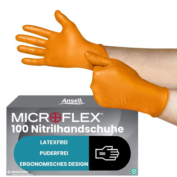 Ansell MicroFlex 93-256 Einmalhandschuhe Latexfreie, Orangenen Nitrilhandschuhe Puderfrei, Chemikalien-Schutzhandschuhe, Mechaniker Handschuhe, Orangefarbene Handschuhe S (100 Stück)