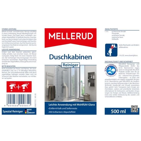 MELLERUD Duschkabinen Reiniger | 1 x 0,5 l | Wirksames Spray gegen Kalk- & Seifenreste in der Dusche | Badreiniger mit Abperleffekt | Langzeitschutz | bringt verlorenen Glanz zurück