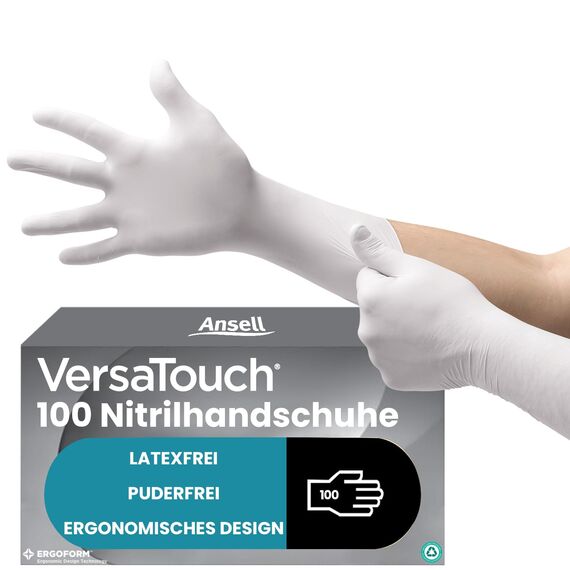 Ansell VersaTouch 92-205 Latexfreie Einweghandschuhe, Lebensmittel Handschuhe Puderfrei, Einmalhandschuhe Weiß, Chemikalien-Schutzhandschuhe, Nitrilhandschuhe L (100 Stück)