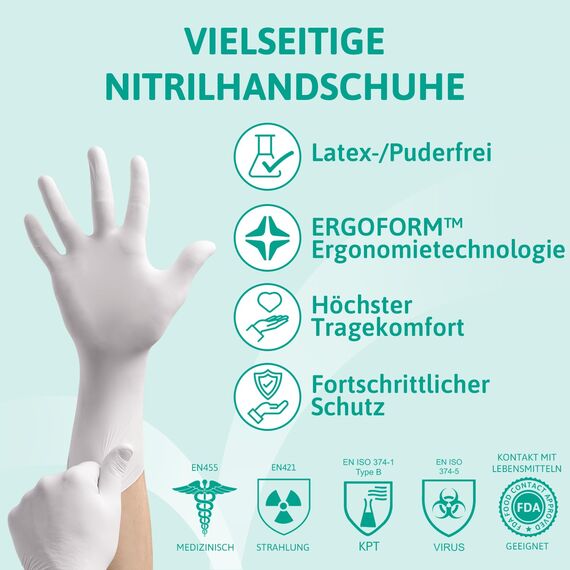 Ansell VersaTouch 92-205 Latexfreie Einweghandschuhe, Lebensmittel Handschuhe Puderfrei, Einmalhandschuhe Weiß, Chemikalien-Schutzhandschuhe, Nitrilhandschuhe L (100 Stück)