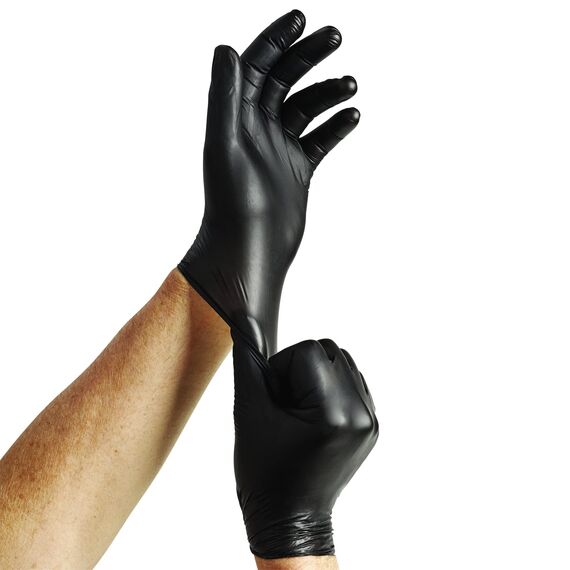 Spontex Extra Black Einmalhandschuhe aus Vinyl, ungepudert und latexfrei, vielseitig einsetzbar, in praktischer Spenderbox, Größe L, 100er Pack, schwarz