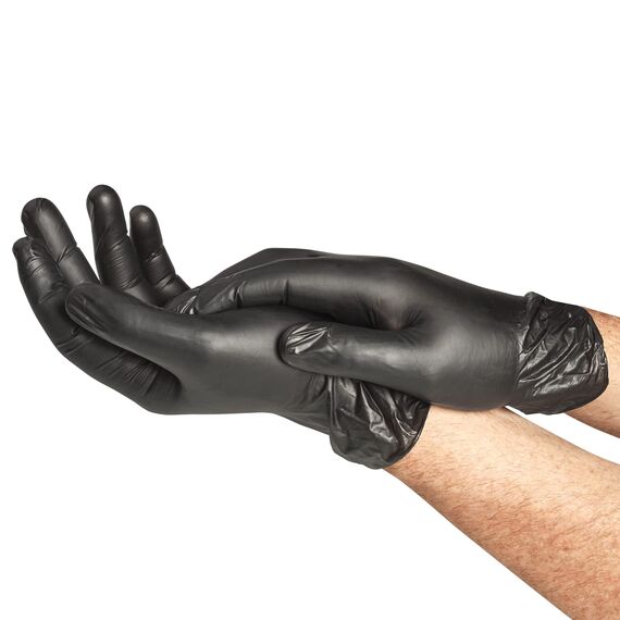 Spontex Extra Black Einmalhandschuhe aus Vinyl, ungepudert und latexfrei, vielseitig einsetzbar, in praktischer Spenderbox, Größe L, 100er Pack, schwarz