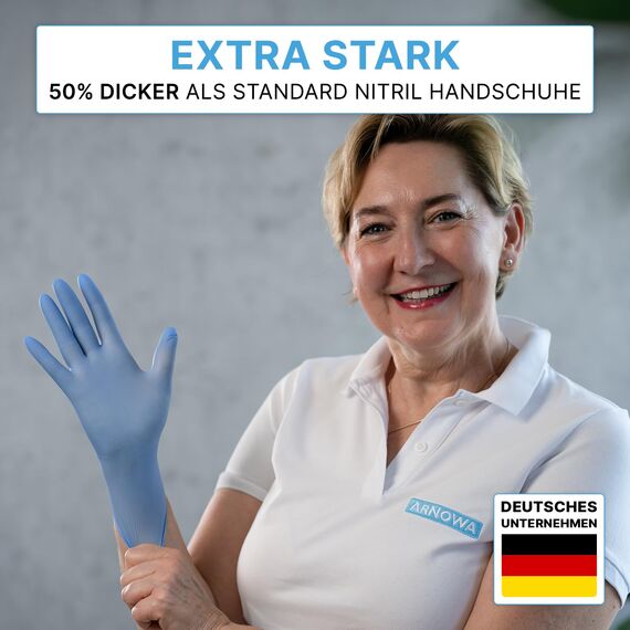 ARNOMED Einweghandschuhe Blau Extra Stark, Einmalhandschuhe in M, 50% dickere Nitrilhandschuhe, 100 Stk./Box, Handschuhe Einweg puderfrei, latexfreie Gummihandschuhe, Einweghandschuhe in S, M, L & XL