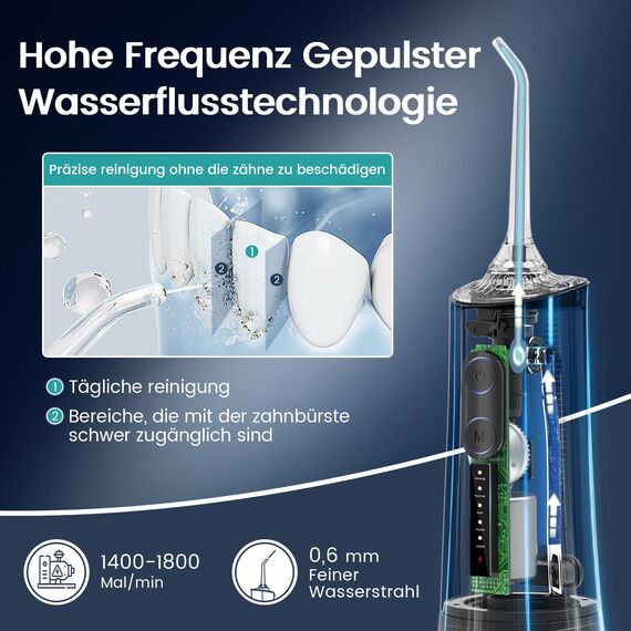 Munddusche Kabellos Elektrischer Zahnreiniger, Vimmk Zahndusche Water Flosser 5 Modi & 8 Düsen USB-C Wiederaufladbare Wasser Flosser IPX7 Wasserdicht, 300ML Wassertank Mund Reiniger(Schwarz)