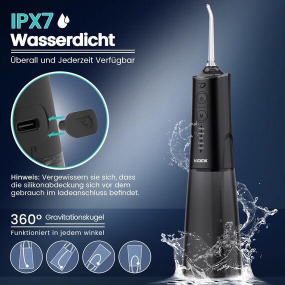 Munddusche Kabellos Elektrischer Zahnreiniger, Vimmk Zahndusche Water Flosser 5 Modi & 8 Düsen USB-C Wiederaufladbare Wasser Flosser IPX7 Wasserdicht, 300ML Wassertank Mund Reiniger(Schwarz)