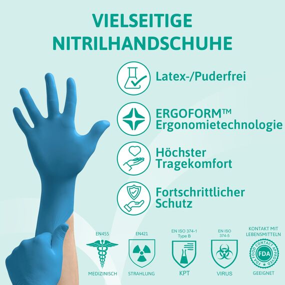 Ansell VersaTouch 92-465 Latexfreie Einmalhandschuhe, Nitrilhandschuhe Puderfrei, Einweghandschuhe Blau, Chemikalien-Schutzhandschuhe, Einweghandschuhe L (100 Stück)