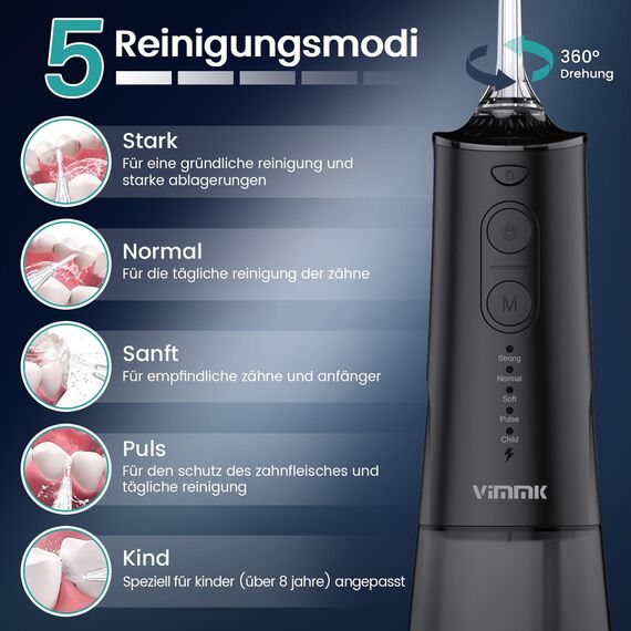 Munddusche Kabellos Elektrischer Zahnreiniger, Vimmk Zahndusche Water Flosser 5 Modi & 8 Düsen USB-C Wiederaufladbare Wasser Flosser IPX7 Wasserdicht, 300ML Wassertank Mund Reiniger(Schwarz)