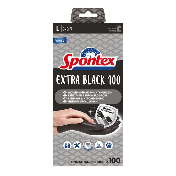 Spontex Extra Black Einmalhandschuhe aus Vinyl, ungepudert und latexfrei, vielseitig einsetzbar, in praktischer Spenderbox, Größe L, 100er Pack, schwarz