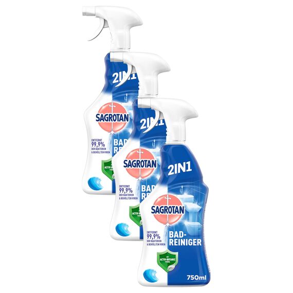 Sagrotan Bad-Reiniger Ozeanfrische – 2in1 Desinfektionsreiniger mit Antischmutzfilm für zuverlässige Hygiene im Badezimmer – 1 x 750 ml Sprühflasche (Packung mit 3)