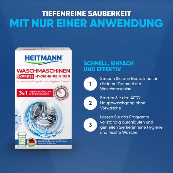 HEITMANN Express Waschmaschinen Reiniger: entfernt Kalk, Ablagerungen und Gerüche, Maschinenreiniger, 250 g