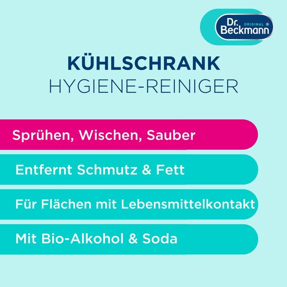 Dr. Beckmann Kühlschrank Hygiene-Reiniger | Reinigt hygienisch und neutralisiert Gerüche | Mit Bio-Alkohol | 250 ml
