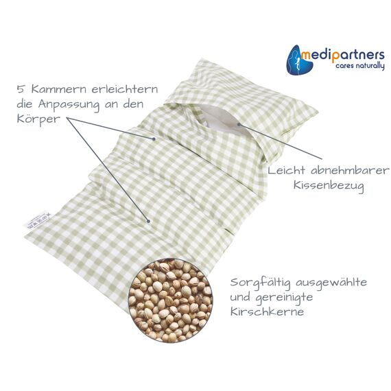 Medi Partners Kirschkernkissen Mikrowelle 60x20cm Körnerkissen groß Wärmekissen 800g 100% Baumwolle 5 kammern abnehmbarer Bezug - Kirschkernkissen nacken schulter Kältetherapie (Kariert)