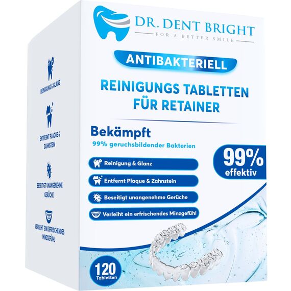 Retainer Reinigungstabletten – 120 Stück für saubere und frische Retainer, Zahnschienen, Gebiss, Zahnersatz – Effektiver Reiniger in Tab-Form für Zahnspangen, Aufbissschienen, Prothesen und Mundschutz