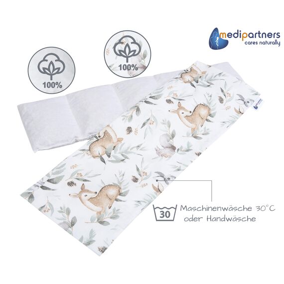 Medi Partners Kirschkernkissen Mikrowelle 60x20cm Körnerkissen groß Wärmekissen 800g 100% Baumwolle 5 kammern abnehmbarer Bezug - Kirschkernkissen nacken schulter Kältetherapie (Hirsch in Blättern)